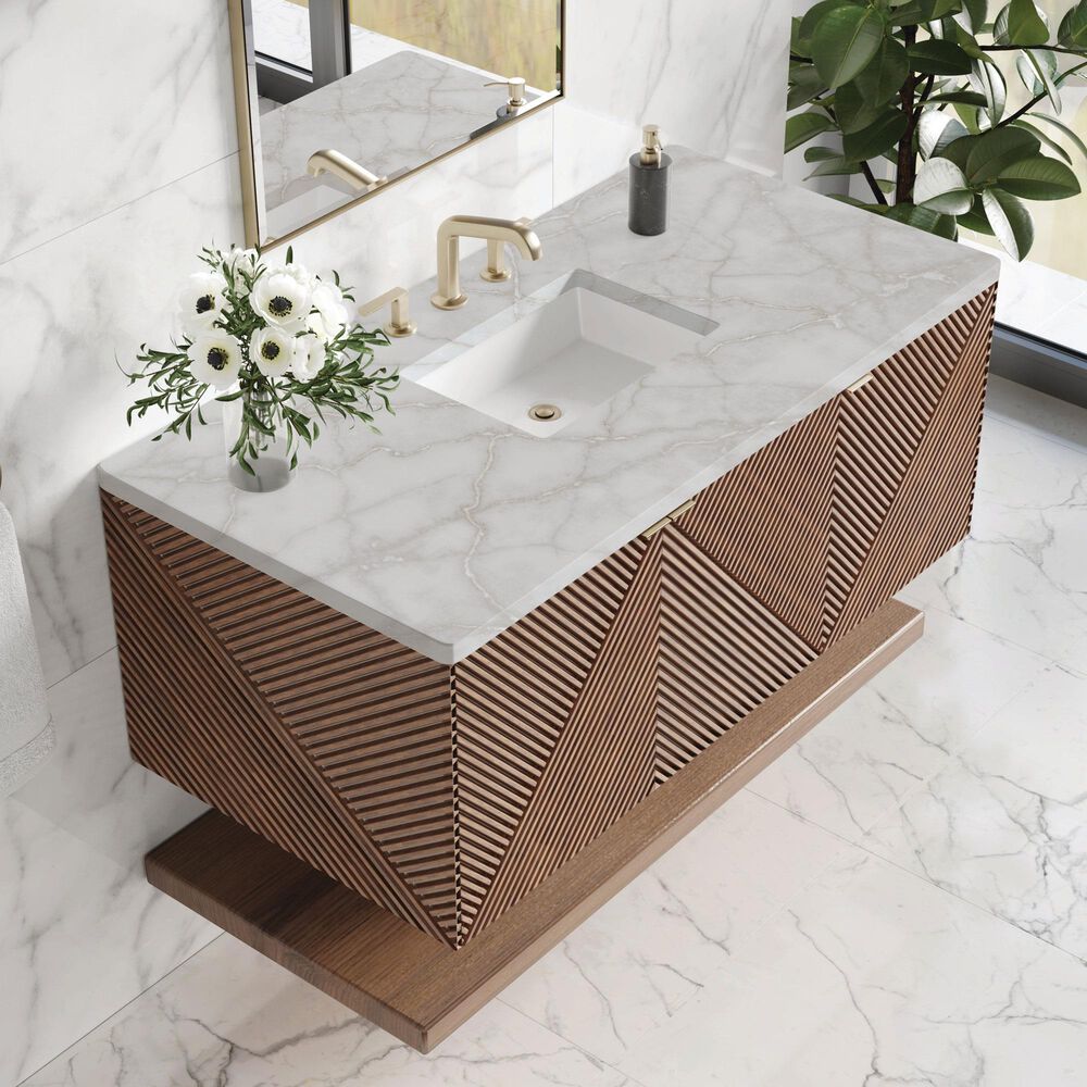 James Martin Vanities Marcello 48" Single Bathroom Vanity in Chestnut with 3 cm Victorian Silver Quartz Top, Rectangular Sink and FreePower Wireless Charger, , large