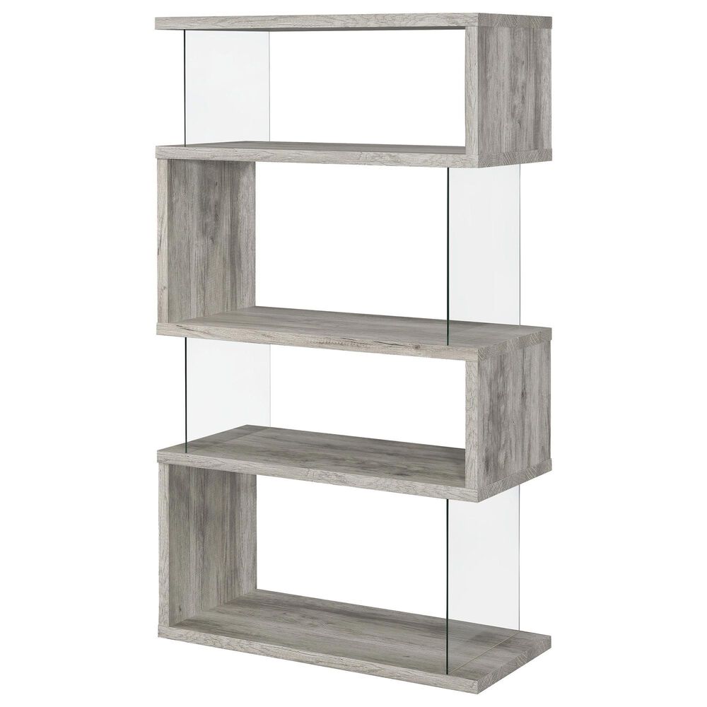 Coaster Emelle 4-Shelf Bookcase with Glass Panel in Light Grey Driftwood and Clear, , large