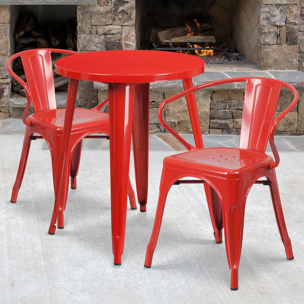 Flash Furniture 3-Piece Round Metal Table Set with Arm Chair in Red, , large