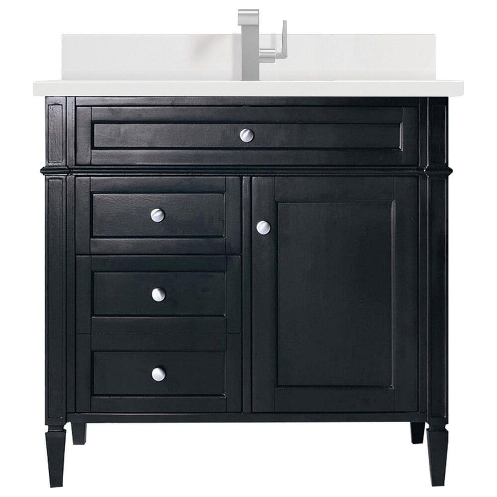 James Martin Vanities Brittany 36" Single Bathroom Vanity in Black Onyx with Single Hole 3 cm White Zeus Quartz Top and Rectangular Sink, , large