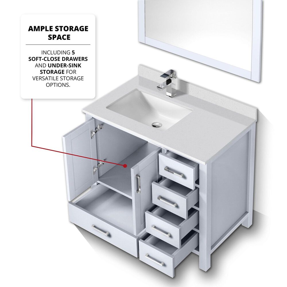 Lexora Home Jacques 36&quot; Left Offset Single Bathroom Vanity in Dark Grey with 2 cm White Quartz Top, Rectangular Sink and 34&quot; Mirror, , large