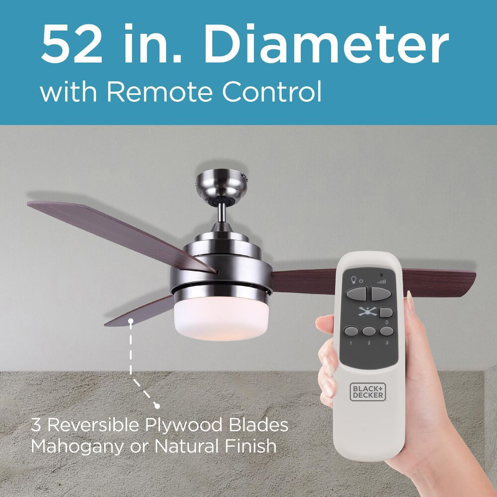 Black+Decker 52&quot; 3-Blade Standard Ceiling Fan with Light and Remote Control in Brushed Nickle and Mahogany, , large