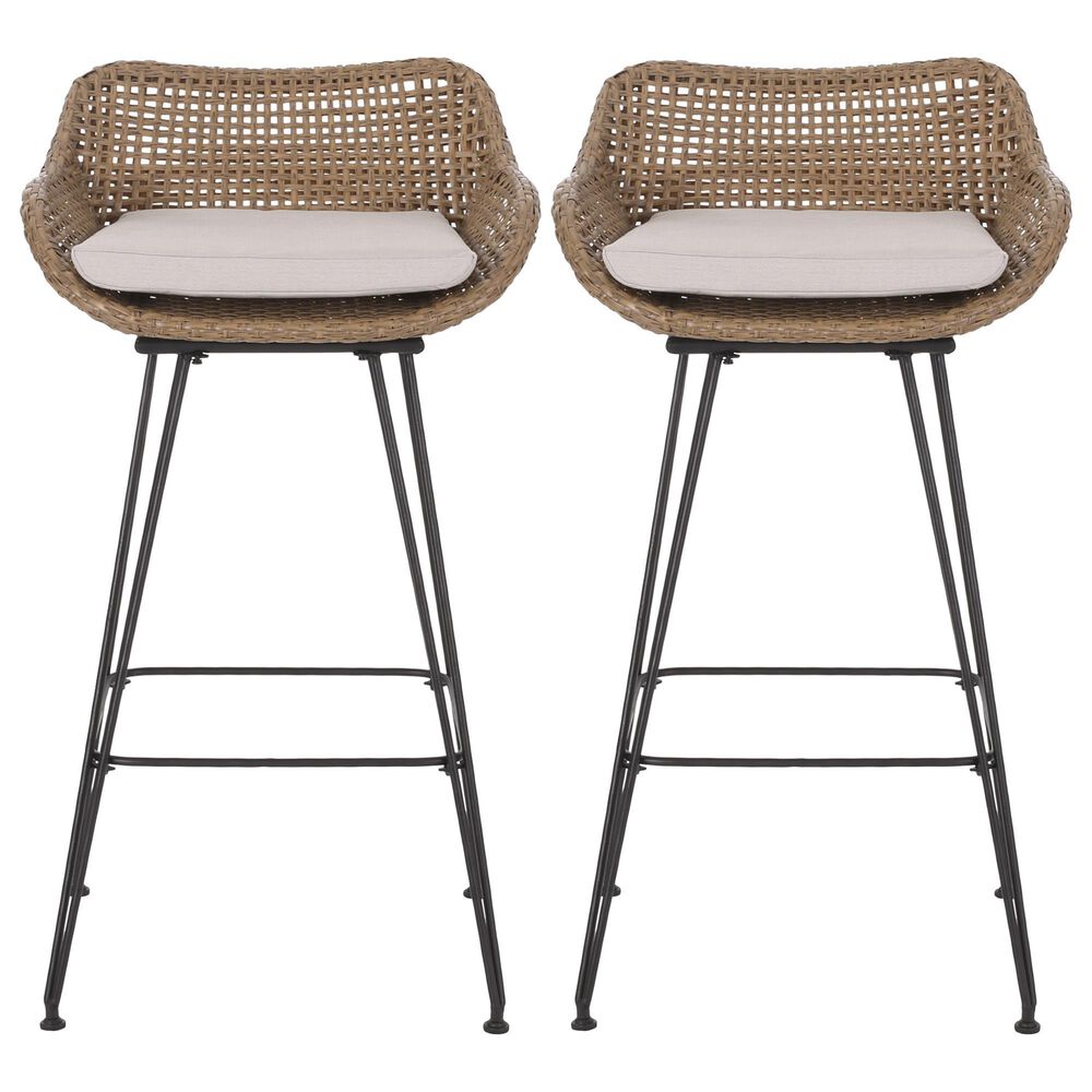 Hearth and Haven Outdoor Wicker and Iron Bar Stool in Beige &#40;Set of 2&#41;, , large