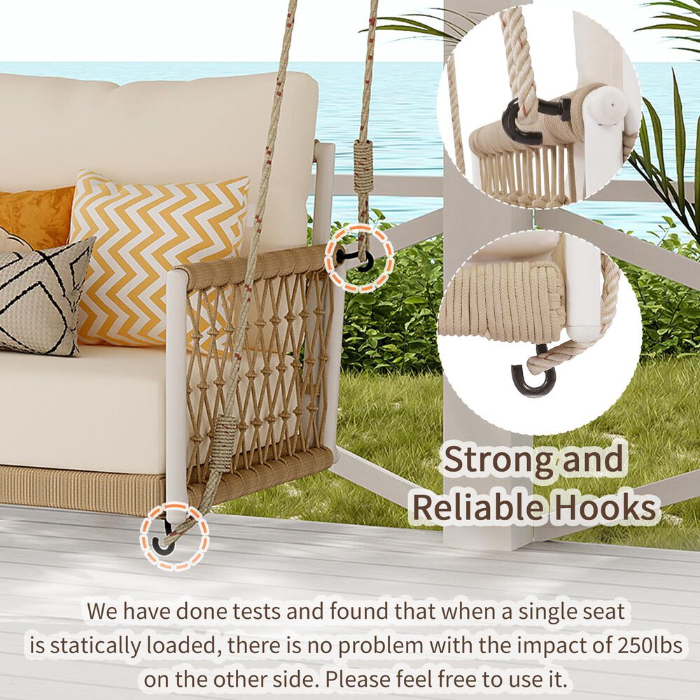 HOMLUX Patio Woven Rope Swing Sofa with White Steel in Beige, , large