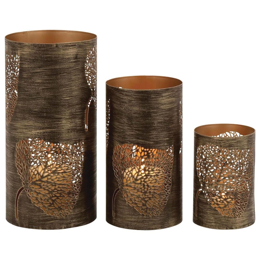 Maple and Jade Leaf Decorative Indoor/Outdoor Candle Lantern in Brushed Copper &#40;Set of 3&#41;, , large