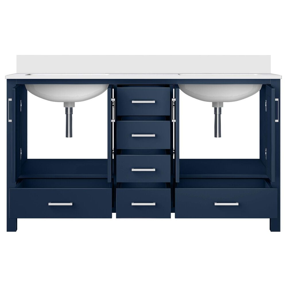 Lexora Home Jacques 60&quot; Double Bathroom Vanity in Navy Blue with 2 cm White Cultured Marble Top and Rectangular Sinks, , large