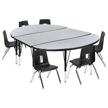 Flash Furniture Emmy 9-Piece 76" Oval Wave Activity Table Set with 14" Student Stack Chairs in Gray, Black and Chrome, , large