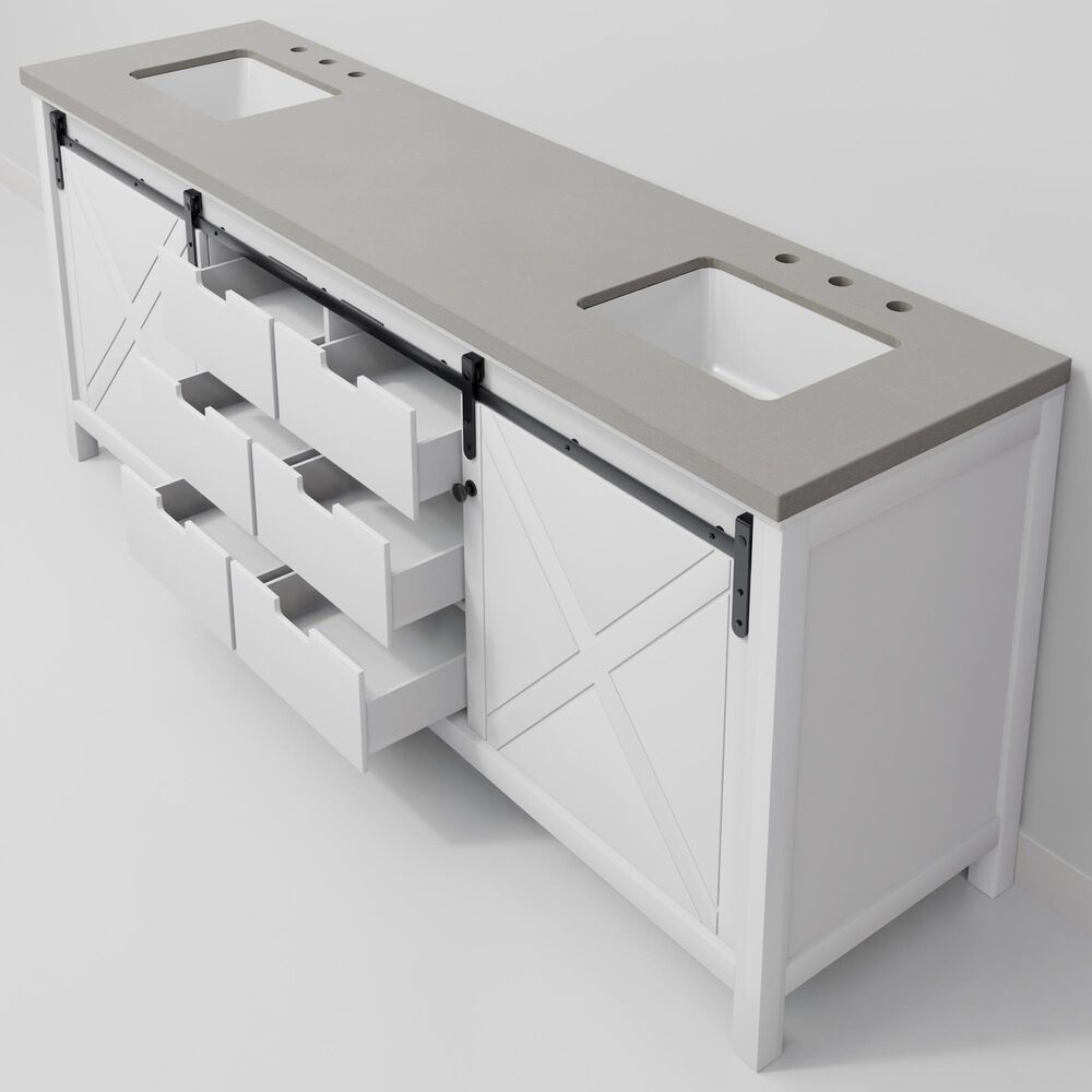 Lexora Home Marsyas 84" Double Bathroom Vanity in White with Grey Quartz Top and Rectangular Sinks, , large