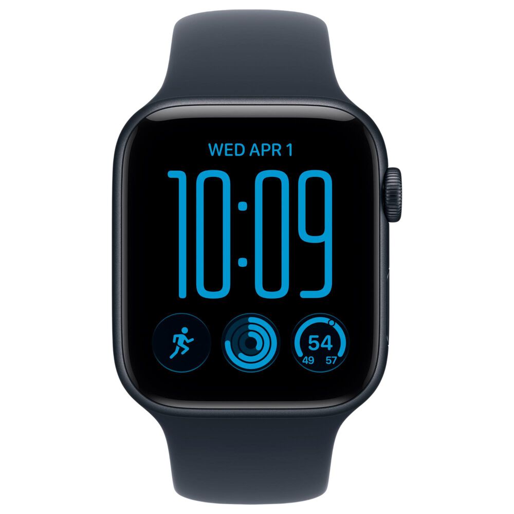Apple Watch SE 3 (GPS) 44mm Midnight Aluminum Case with Navy Blue Sport Band - S/M and 2-Year AppleCare+, , large