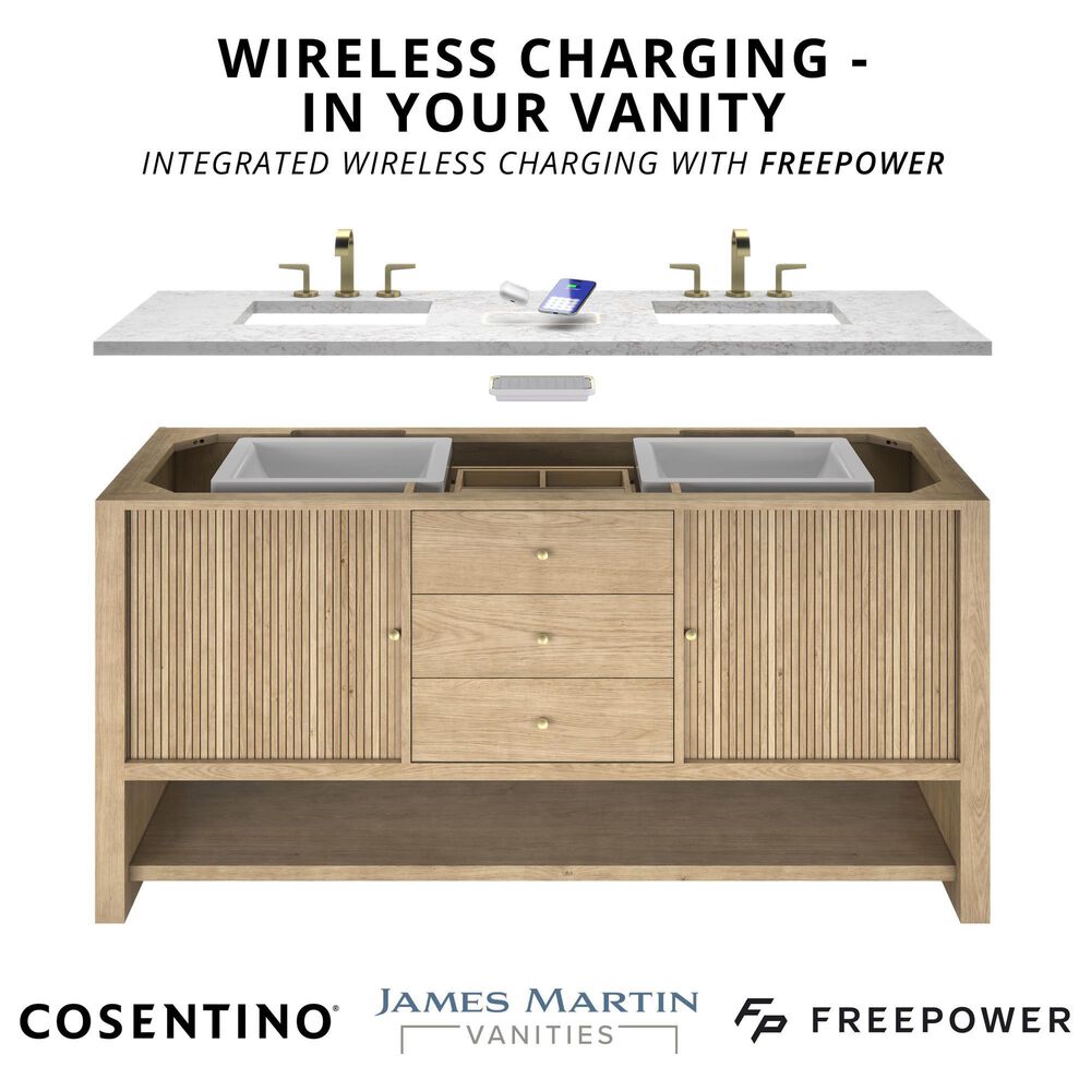 James Martin Allamari 72" Double Bathroom Vanity in Dune Mist with 3 cm Victorian Silver Top, Rectangular Sinks and FreePower Wireless Charger, , large