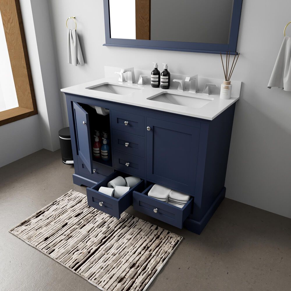 Lexora Home Dukes 48" Double Bathroom Vanity in Navy Blue with 2 cm White Cultured Marble Top and Rectangular Sinks, , large