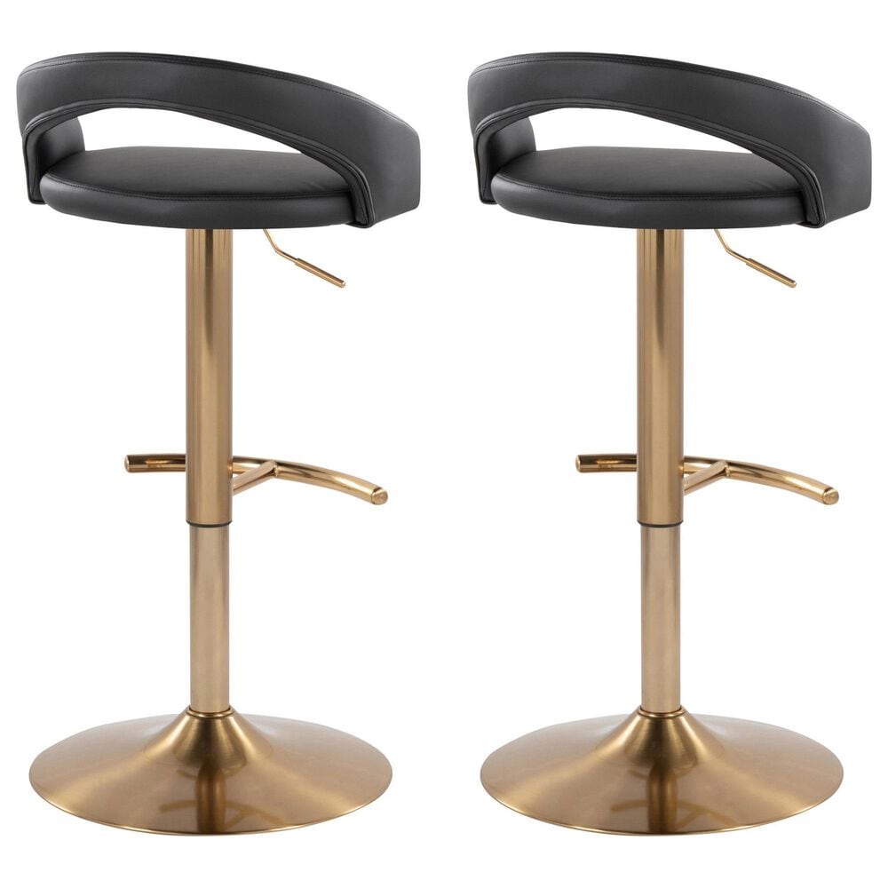 LumiSource Grotto Adjustable Bar Stool with Black Faux Leather Upholstery in Gold (Set of 2), , large
