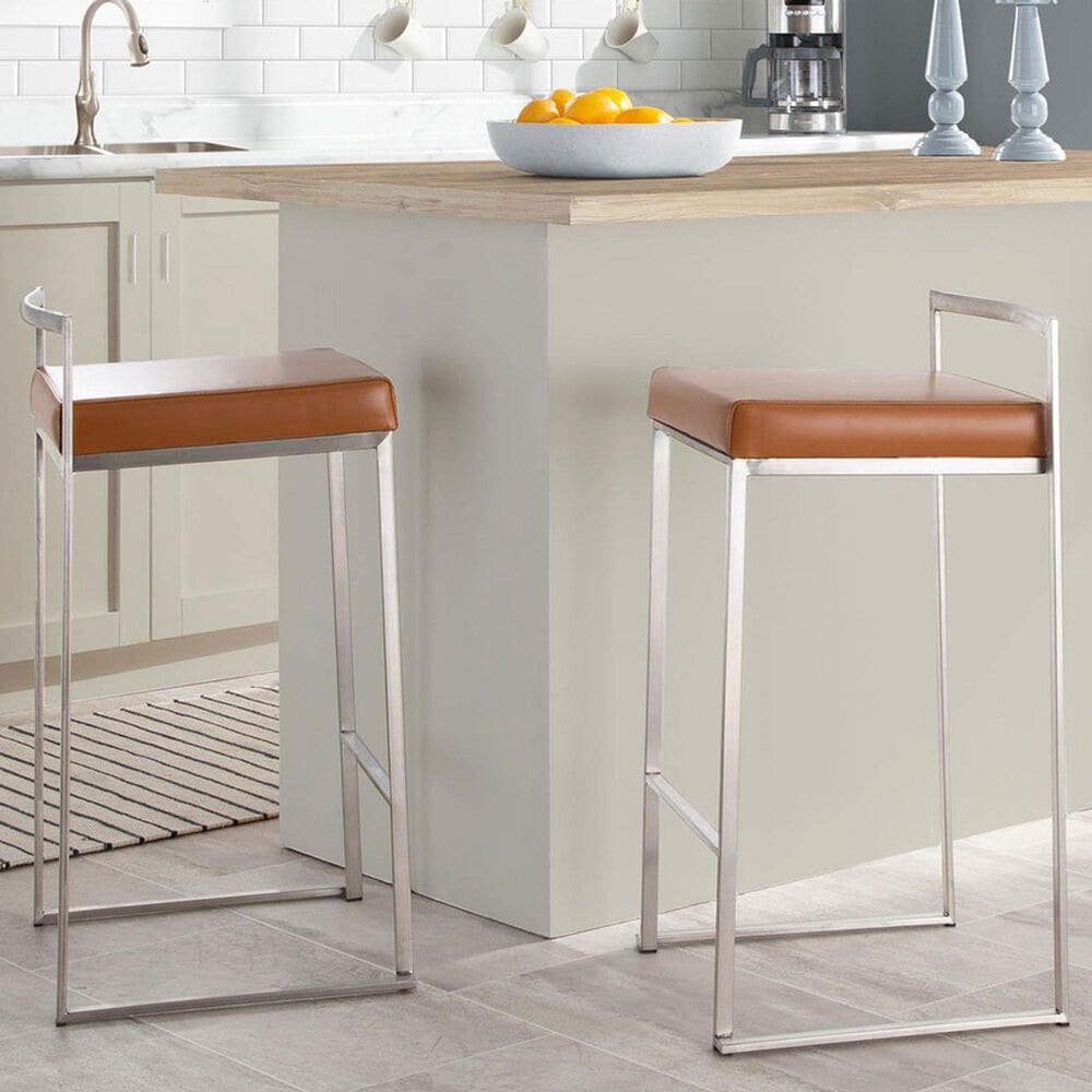 Lumisource Fuji Stackable Counter Stool with Camel Faux Leather Cushion in Brushed Stainless Steel &#40;Set of 2&#41;, , large