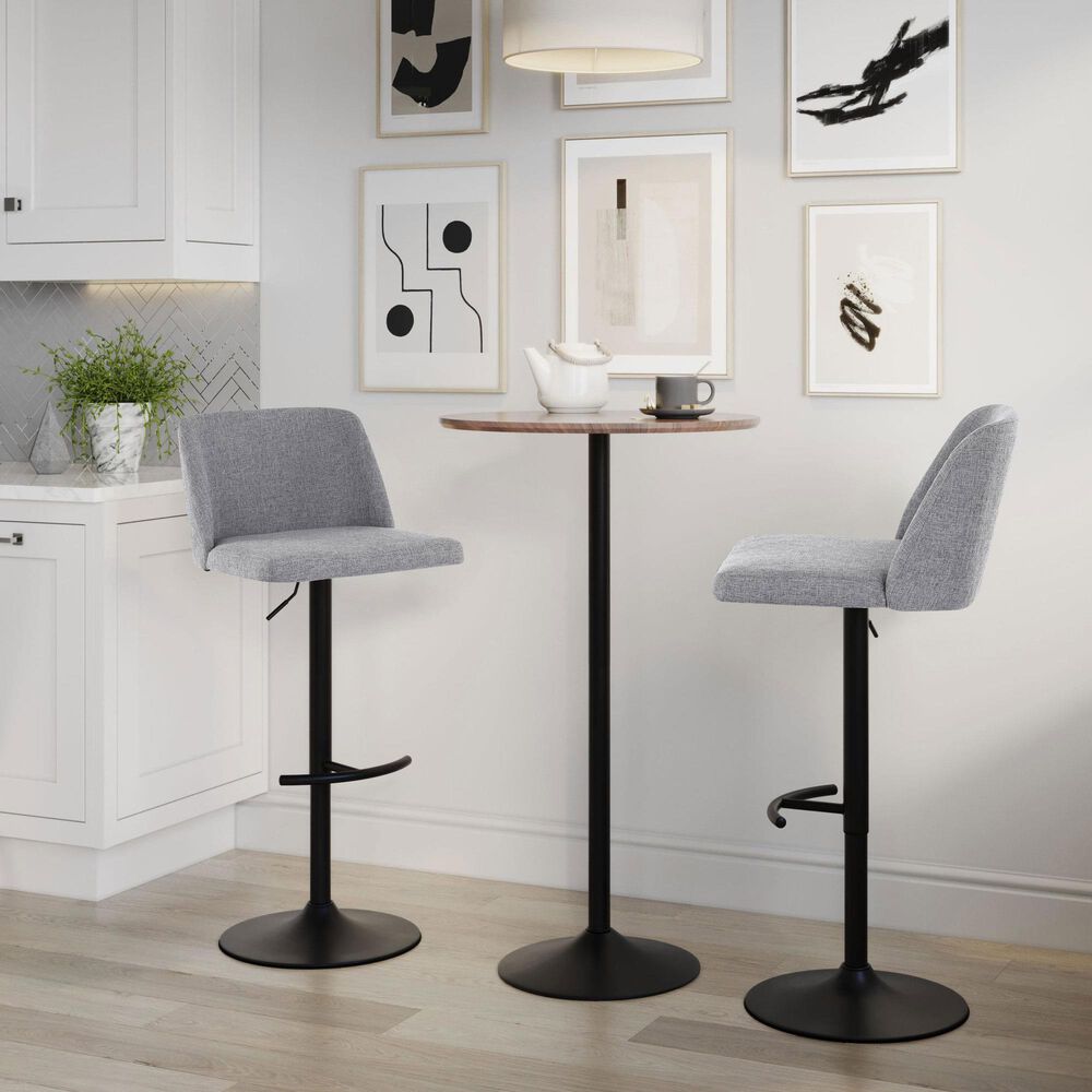 LumiSource Toriano Swivel Adjustable Bar Stool with Grey Fabric Upholstery in Black (Set of 2), , large
