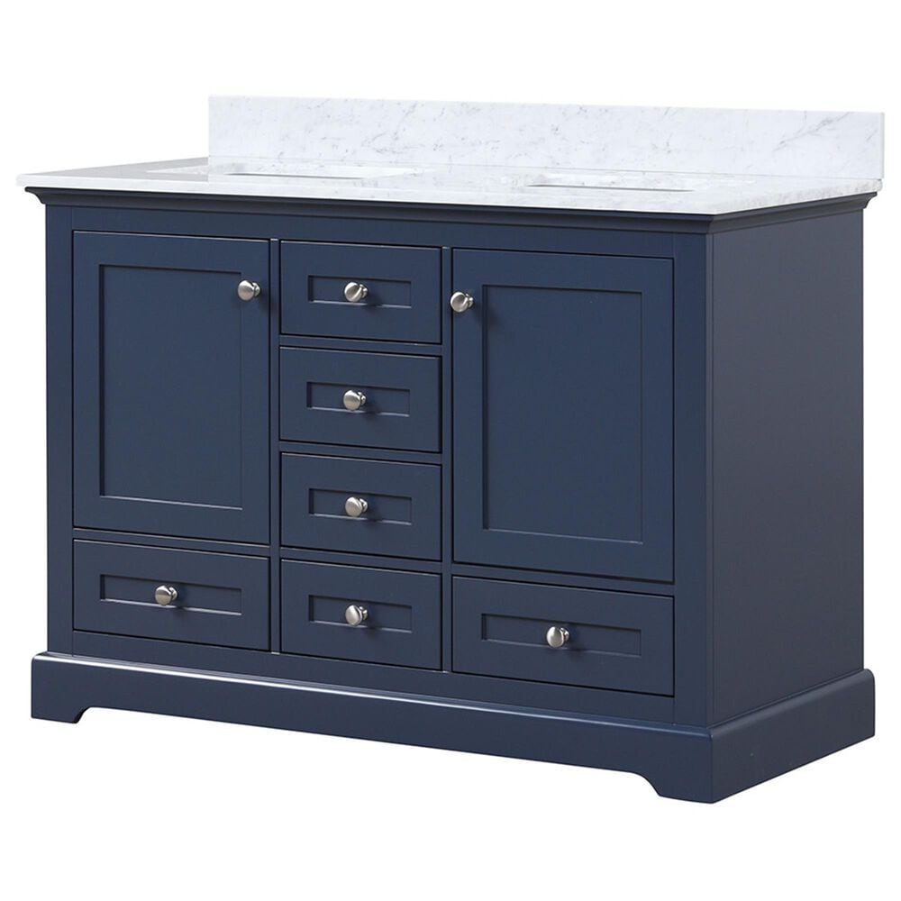 Lexora Home Dukes 48" Double Bathroom Vanity in Navy Blue with 2 cm White Carrara Marble Top and Rectangular Sinks, , large