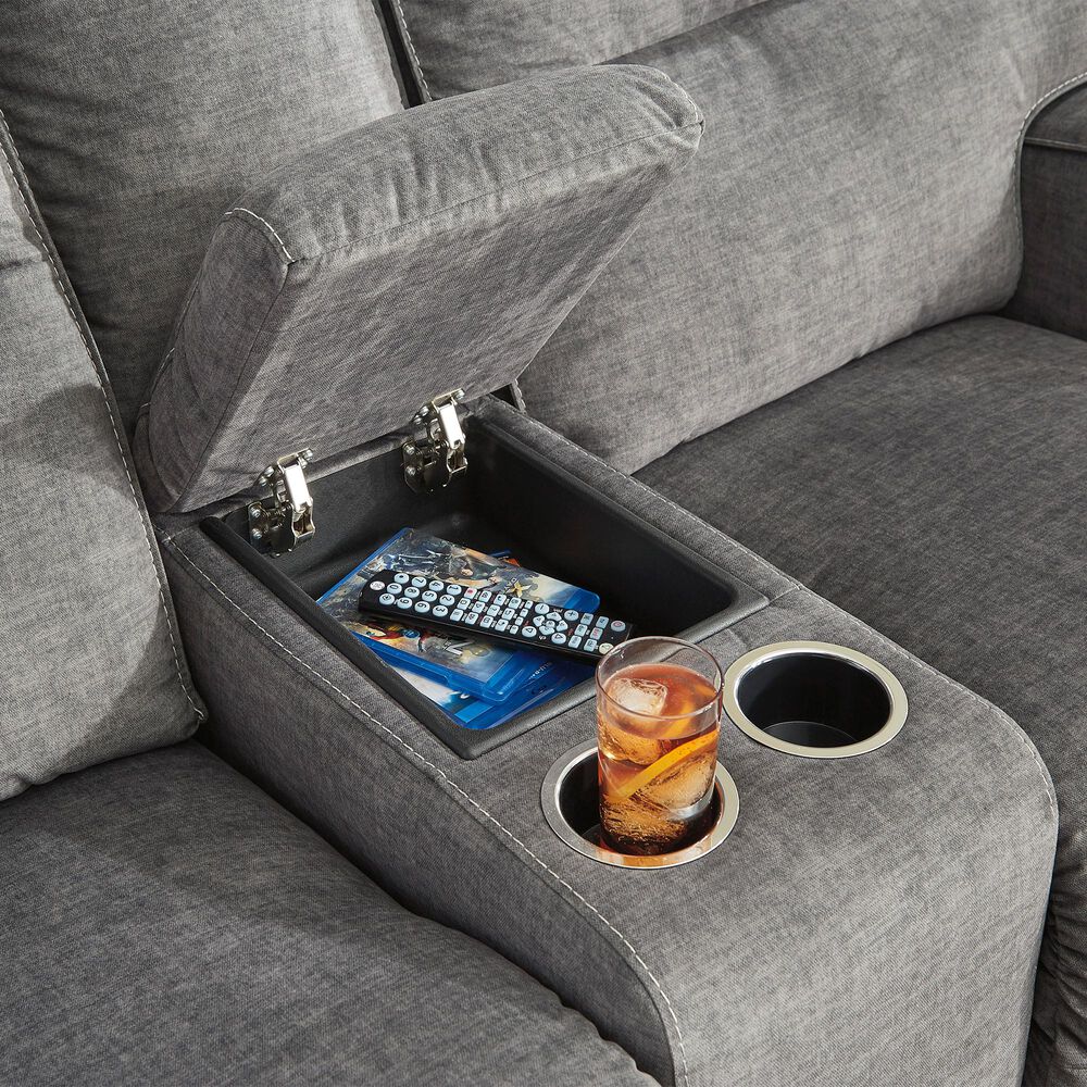 Benchcraft Coombs Double Power Reclining Loveseat with Console in Charcoal, , large