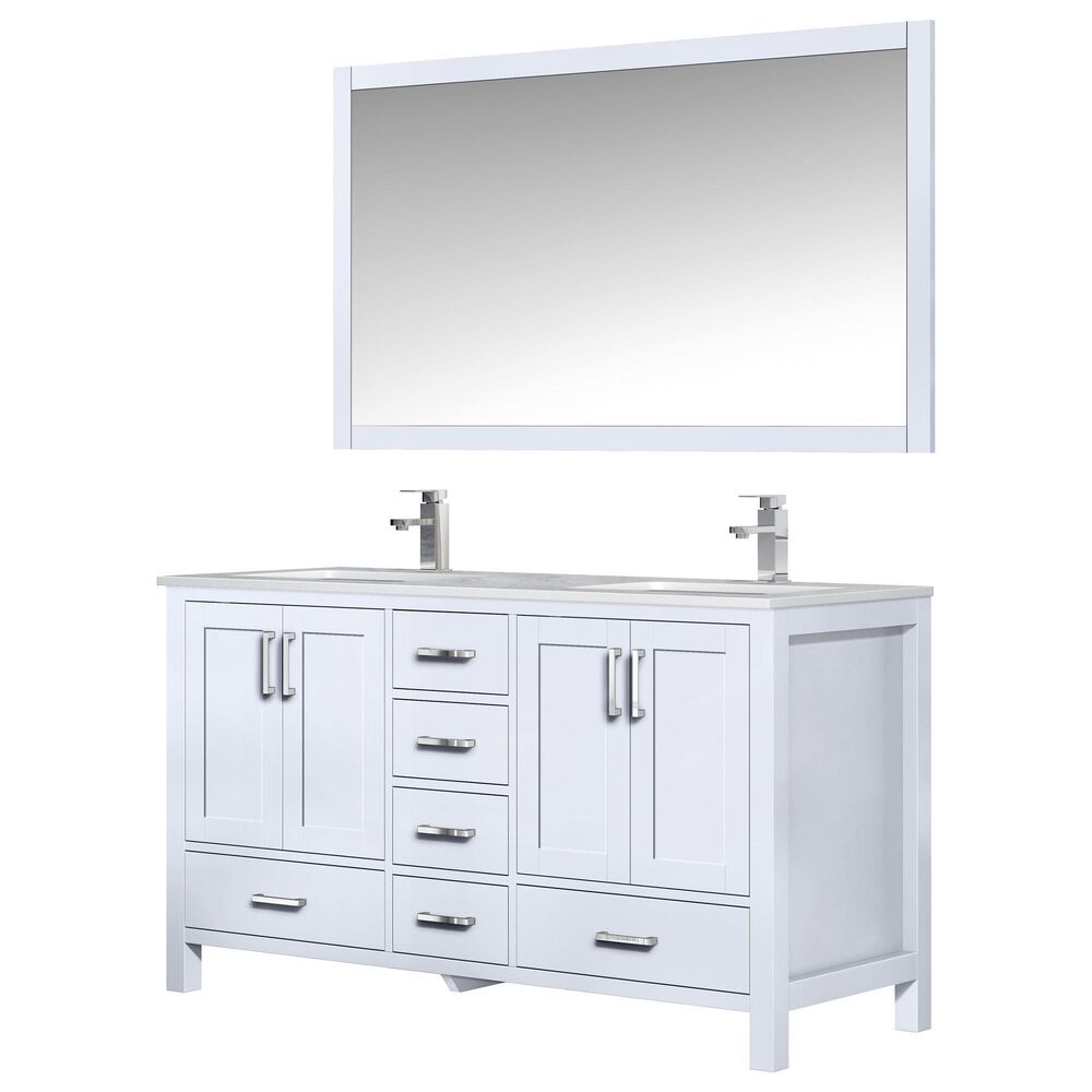 Lexora Home Jacques 60" Double Bathroom Vanity in White with Carrara Marble Top, Rectangle Sinks, Chrome Faucets and Mirror, , large
