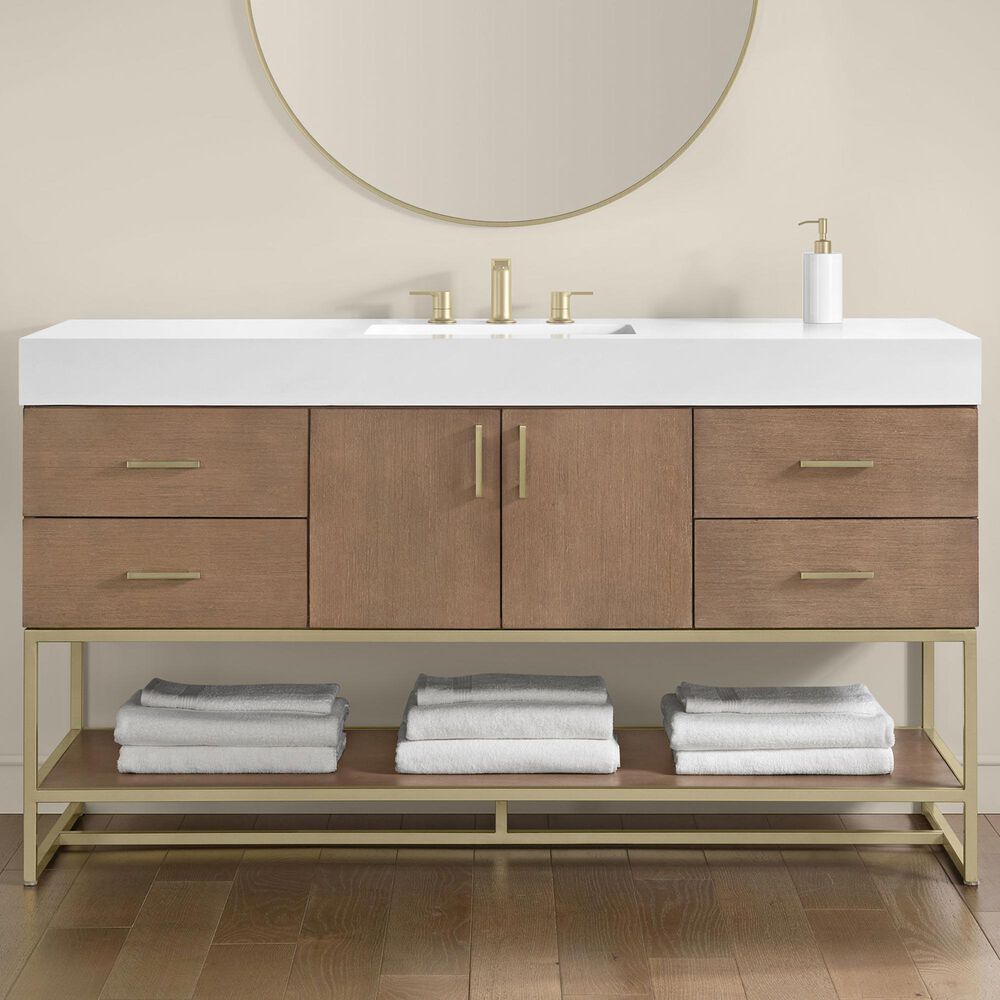 37B Mauri 60" Single Bathroom Vanity with Metal Base in Walnut Drift with High-Profile 4" White Composite Stone Top, , large