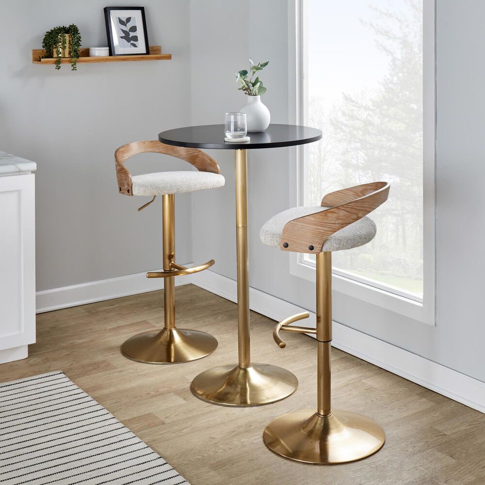 LumiSource Grotto Adjustable Swivel Barstool with Oat Fabric Upholstery in Gold and Whitewashed (Set of 2), , large