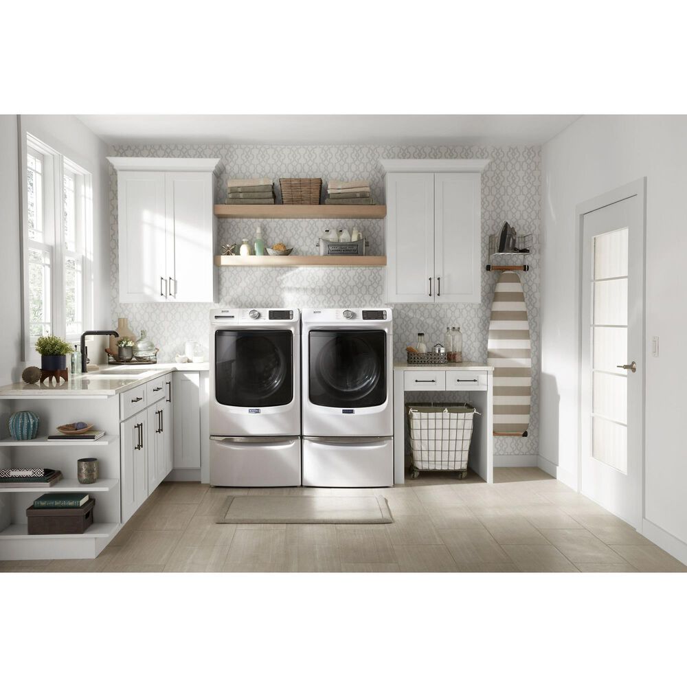 Maytag 4.8 Cu. Ft. Front Load Washer and 7.3 Cu. Ft. Electric Dryer Laundry Pair with Pedestal in White, , large
