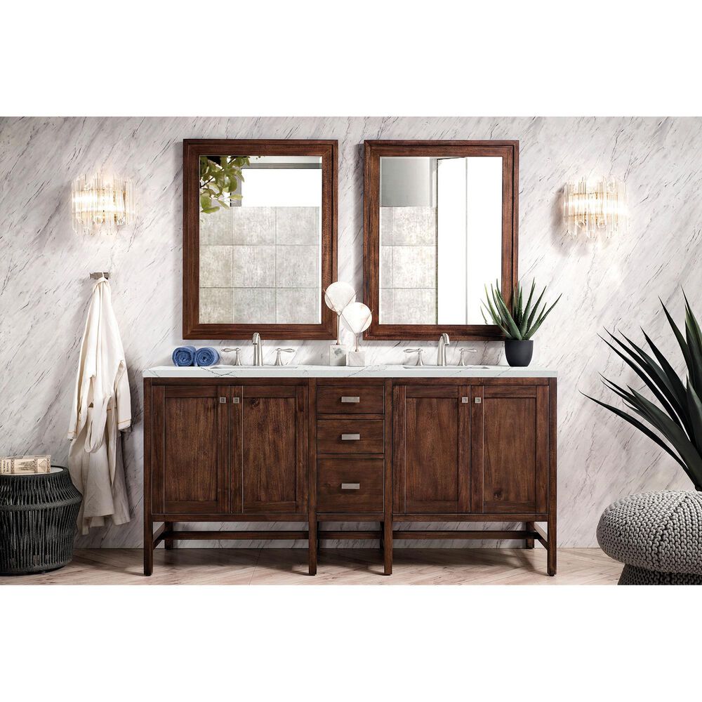 James Martin Vanities Addison 72&quot; Double Bathroom Vanity in Mid Century Acacia with 3 cm Ethereal Noctis Quartz Top and Rectangular Sinks, , large