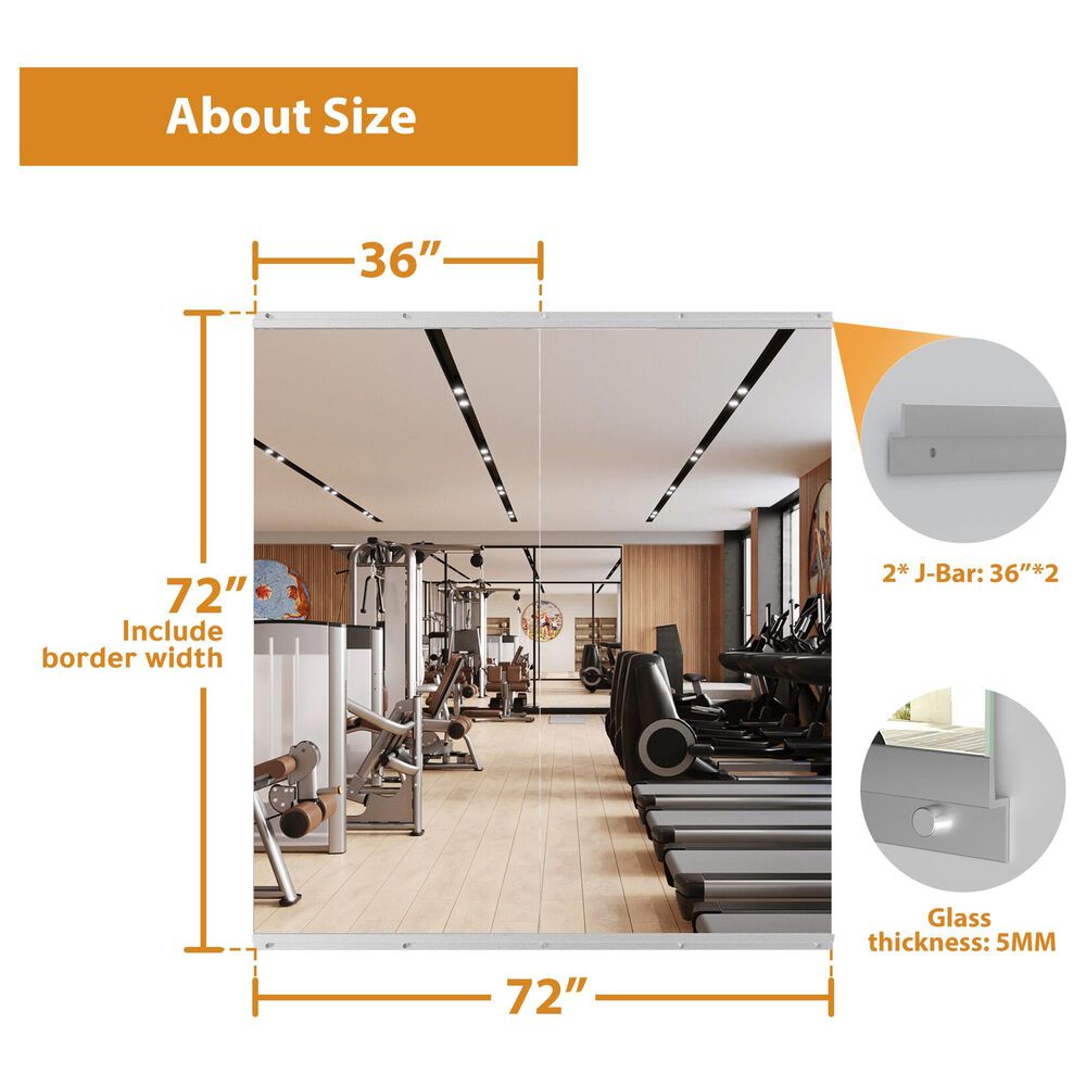 HOMLUX 36" x 72" Frameless Full Length Wall Mounted Fitness Mirror in Silver (Set of 2), , large