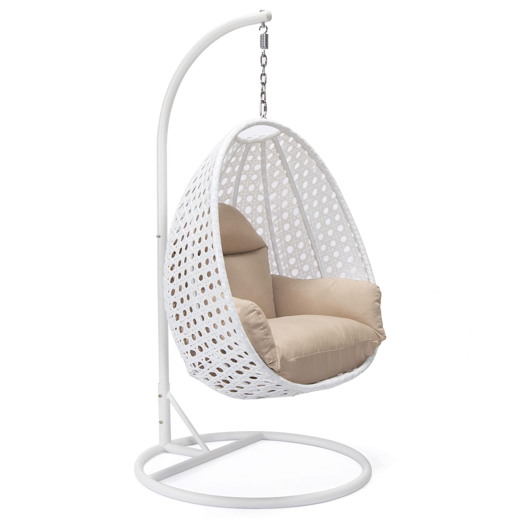 Leisuremod Patio Hanging Egg Swing Chair with Beige Cushion in