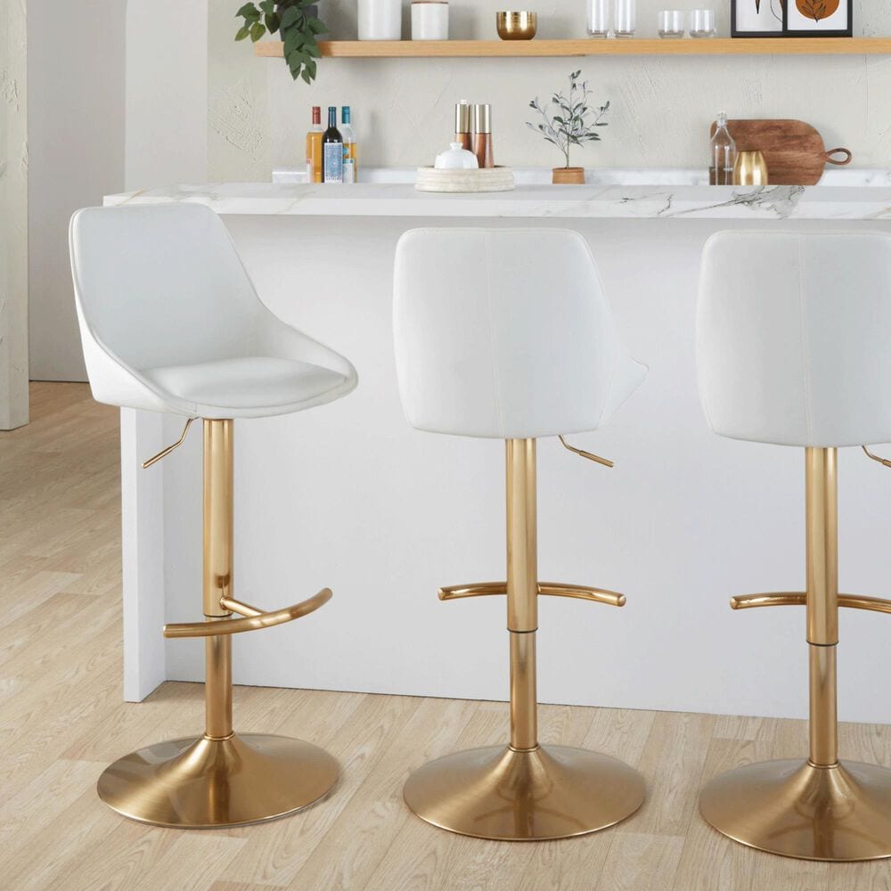 LumiSource Diana Adjustable Barstool with White Faux Leather Upholstery in Gold (Set of 2), , large