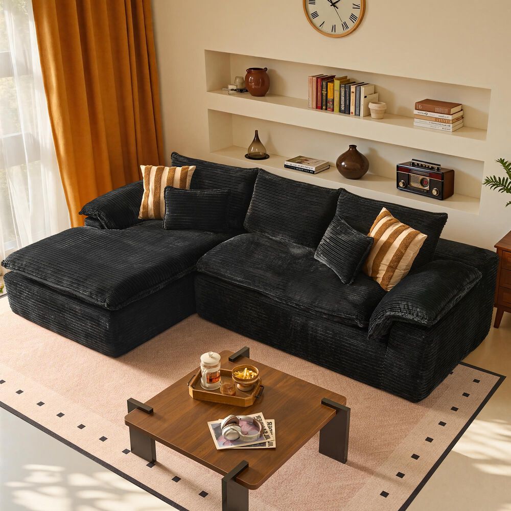 HOMLUX 112" Modern Sectional Sofa with Curved Armrests in Black, , large