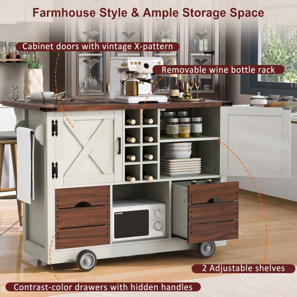 HOMLUX 54" Kitchen Island with Drop Leaf in White, , large