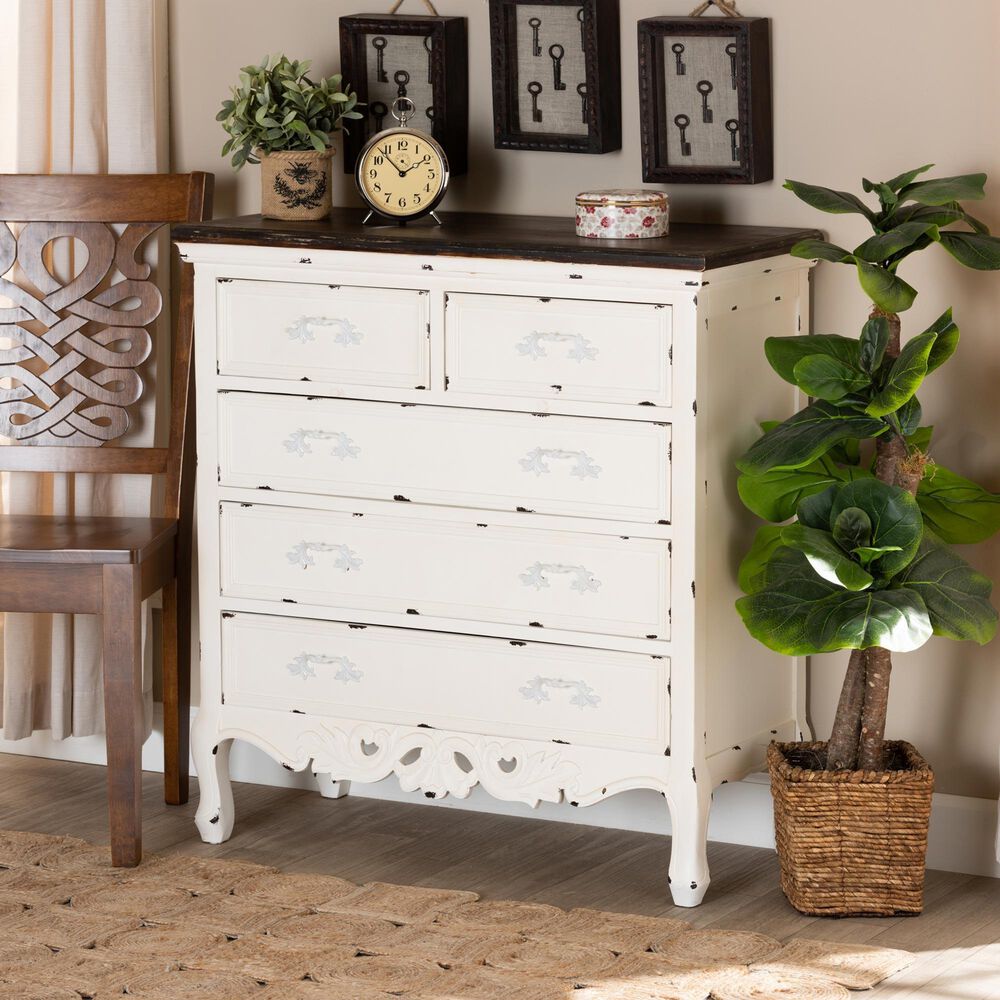 Baxton Studio Levron 5-Drawer Storage Cabinet in Walnut Brown and Antique White, , large