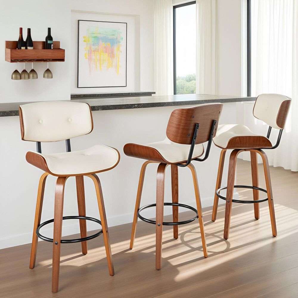 LumiSource Lombardi 30" Swivel Barstool with Cream Faux Leather Upholstery in Walnut and Black (Set of 2), , large