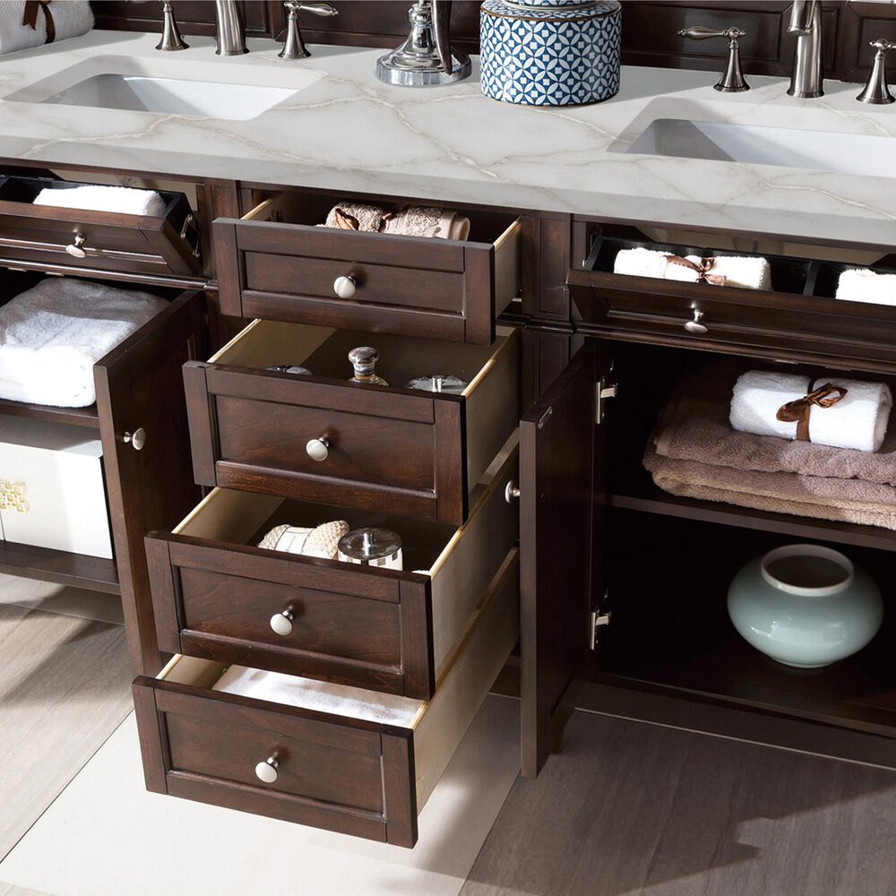 James Martin Vanities Brittany 72&quot; Double Bathroom Vanity in Burnished Mahogany with 3 cm Victorian Silver Quartz Top and Rectangular Sinks, , large