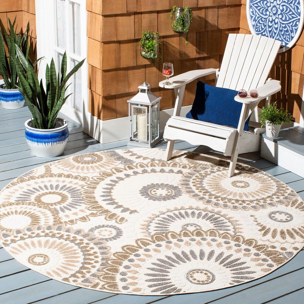 Safavieh Cabana CBN382F 6&#39;7&quot; Round Grey and Ivory Indoor/Outdoor Area Performance Rug, , large