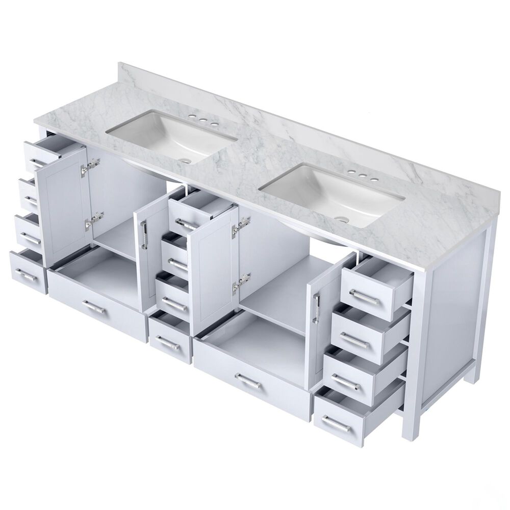 Lexora Home Jacques 84&quot; Double Bathroom Vanity in White with 2 cm White Carrara Marble Top and Rectangular Sinks, , large