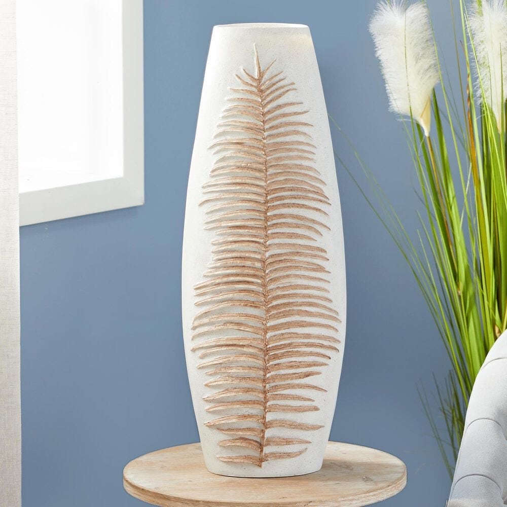 Maple and Jade Polystone Leaf Decorative Vase in Matte White, Terracotta and Brown, , large