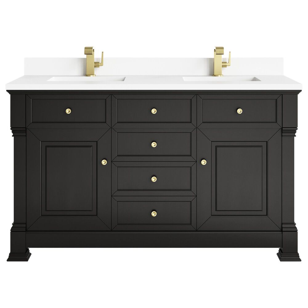 James Martin Vanities Brookfield 60&quot; Double Bathroom Vanity in Black Onyx with Single Hole 3 cm White Zeus Quartz Top and Rectangular Sinks, , large