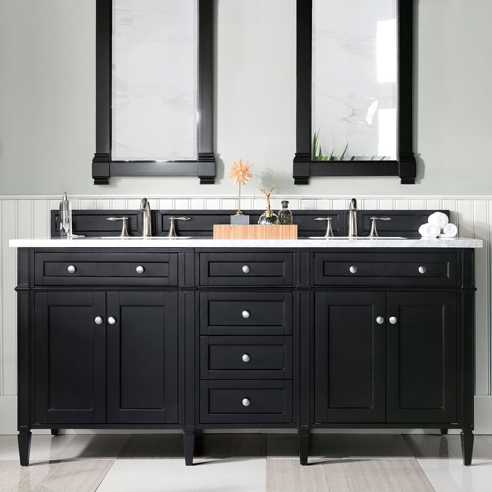 James Martin Vanities Brittany 72&quot; Double Bathroom Vanity in Black Onyx with 3 cm Carrara White Marble Top and Rectangle Sinks, , large