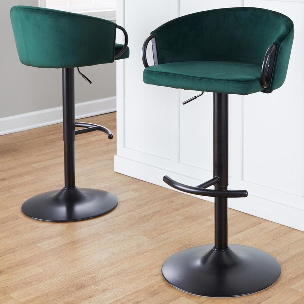 LumiSource Claire Swivel Adjustable Barstool with Green Velvet Upholstery in Black (Set of 2), , large