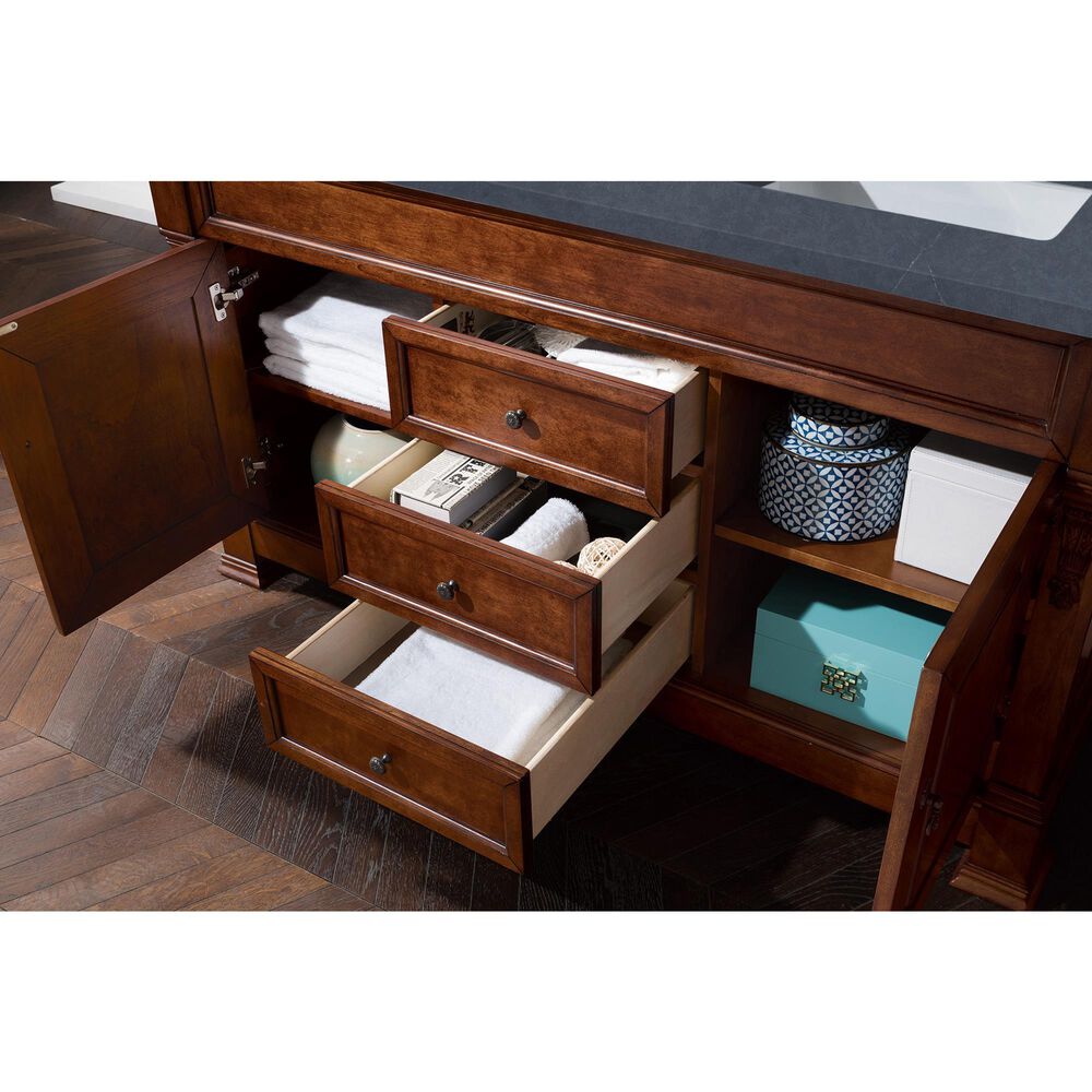 James Martin Vanities Brookfield 60&quot; Double Bathroom Vanity in Warm Cherry with 3 cm Charcoal Soapstone Quartz Top and Rectangle Sink, , large