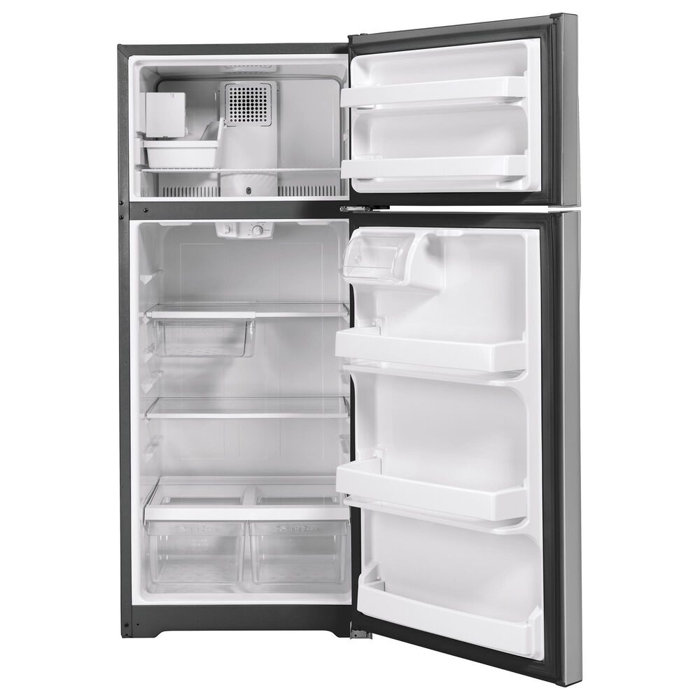 GE Appliances 17.5 Cu. Ft. Top Freezer Refrigerator with Edge-to-Edge Glass Shelves in Stainless Steel, , large