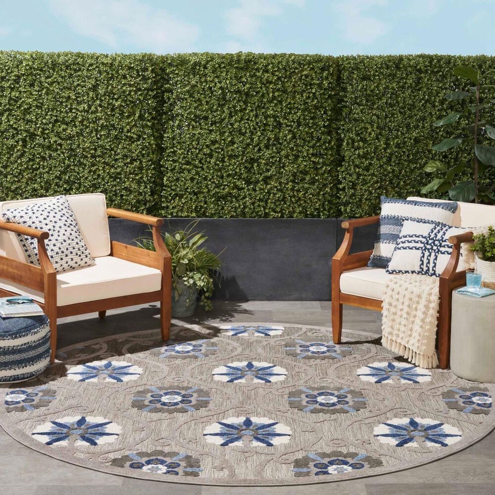 Nourison Aloha 7&#39;10&quot; Round Grey and Blue Indoor/Outdoor Area Rug, , large