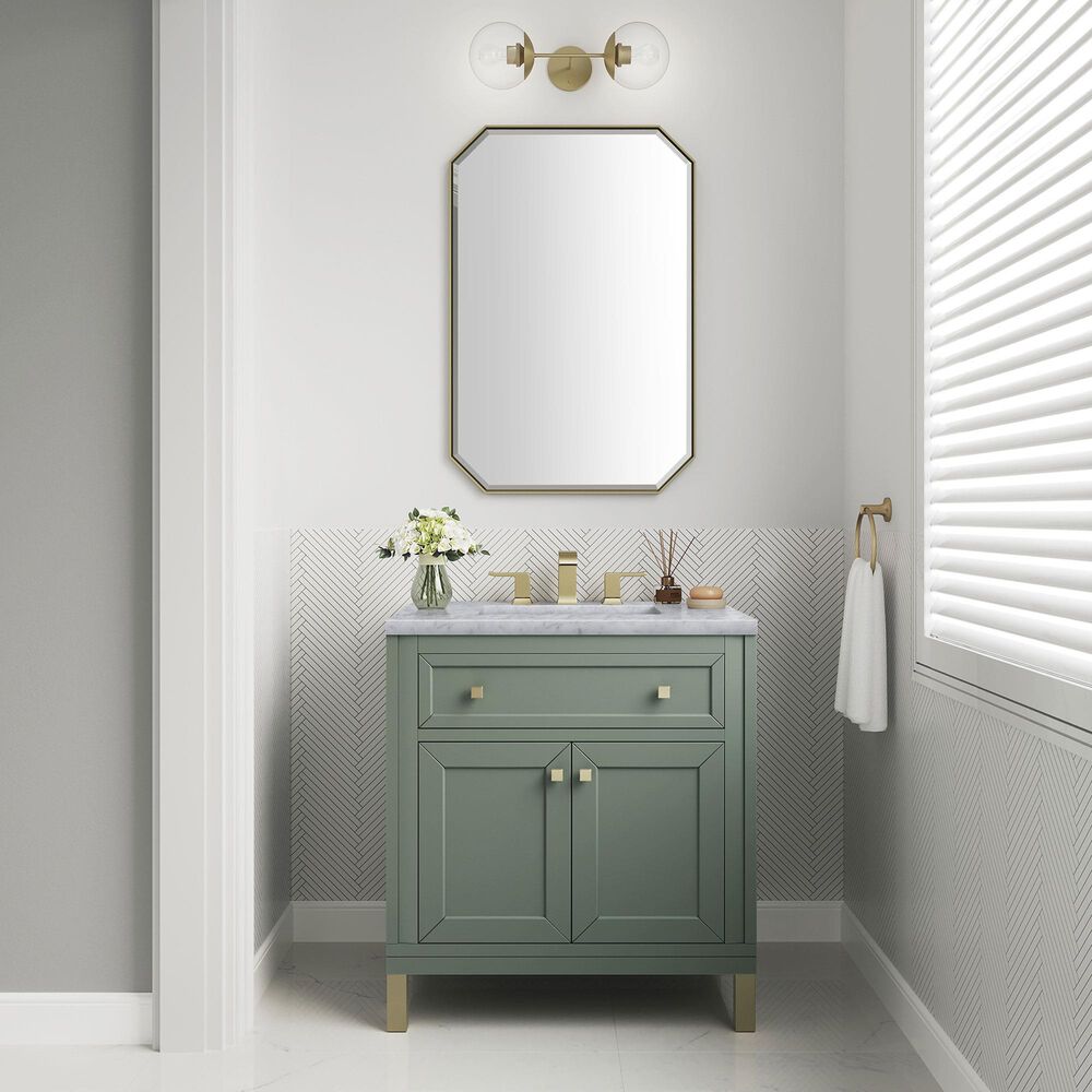 James Martin Vanities Chicago 30&quot; Single Bathroom Vanity in Smokey Celadon with 3 cm Carrara White Marble Top and Rectangular Sink, , large