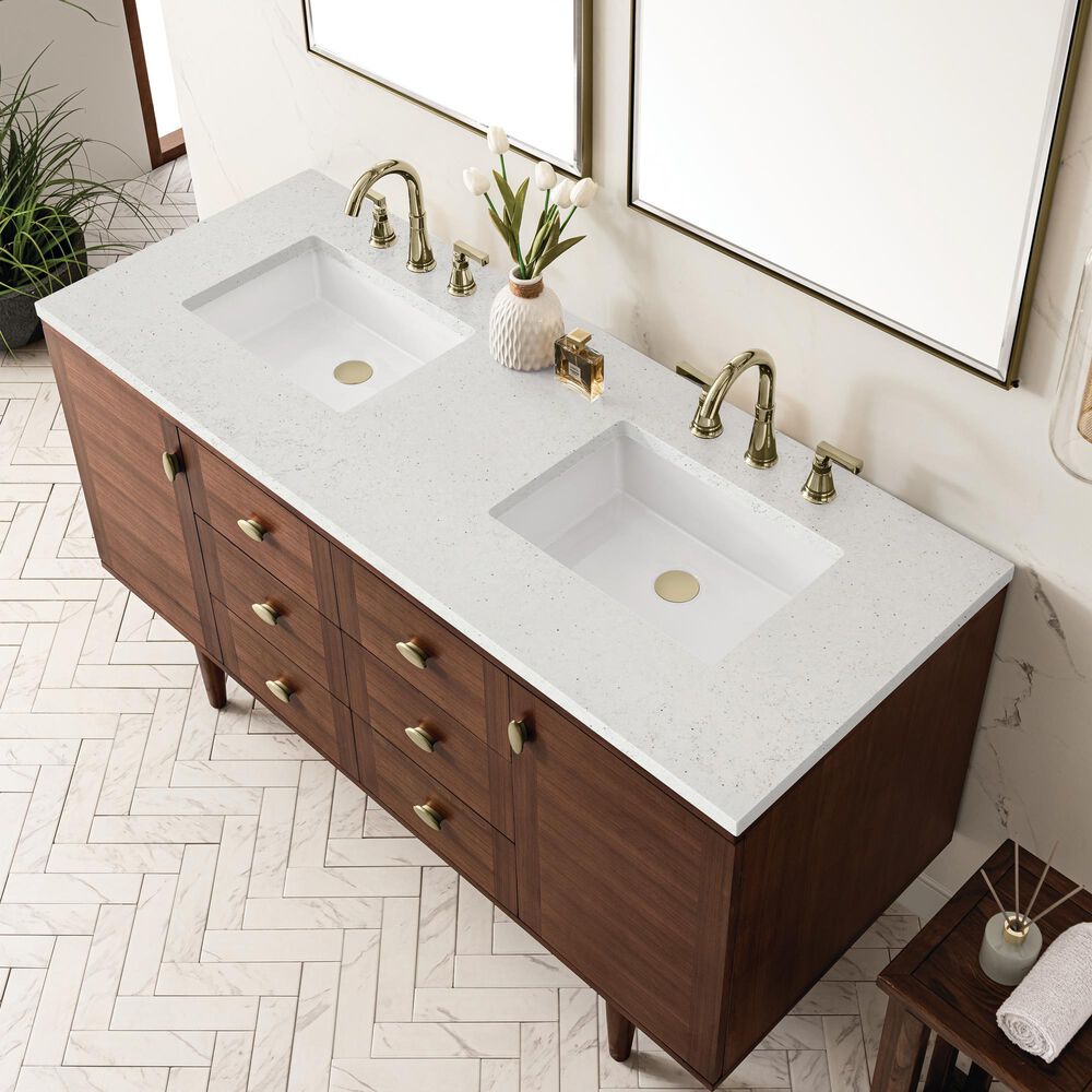 James Martin Vanities Amberly 60&quot; Double Bathroom Vanity in Mid-Century Walnut with 3 cm Lime Delight Quartz Top and Rectangular Sinks, , large