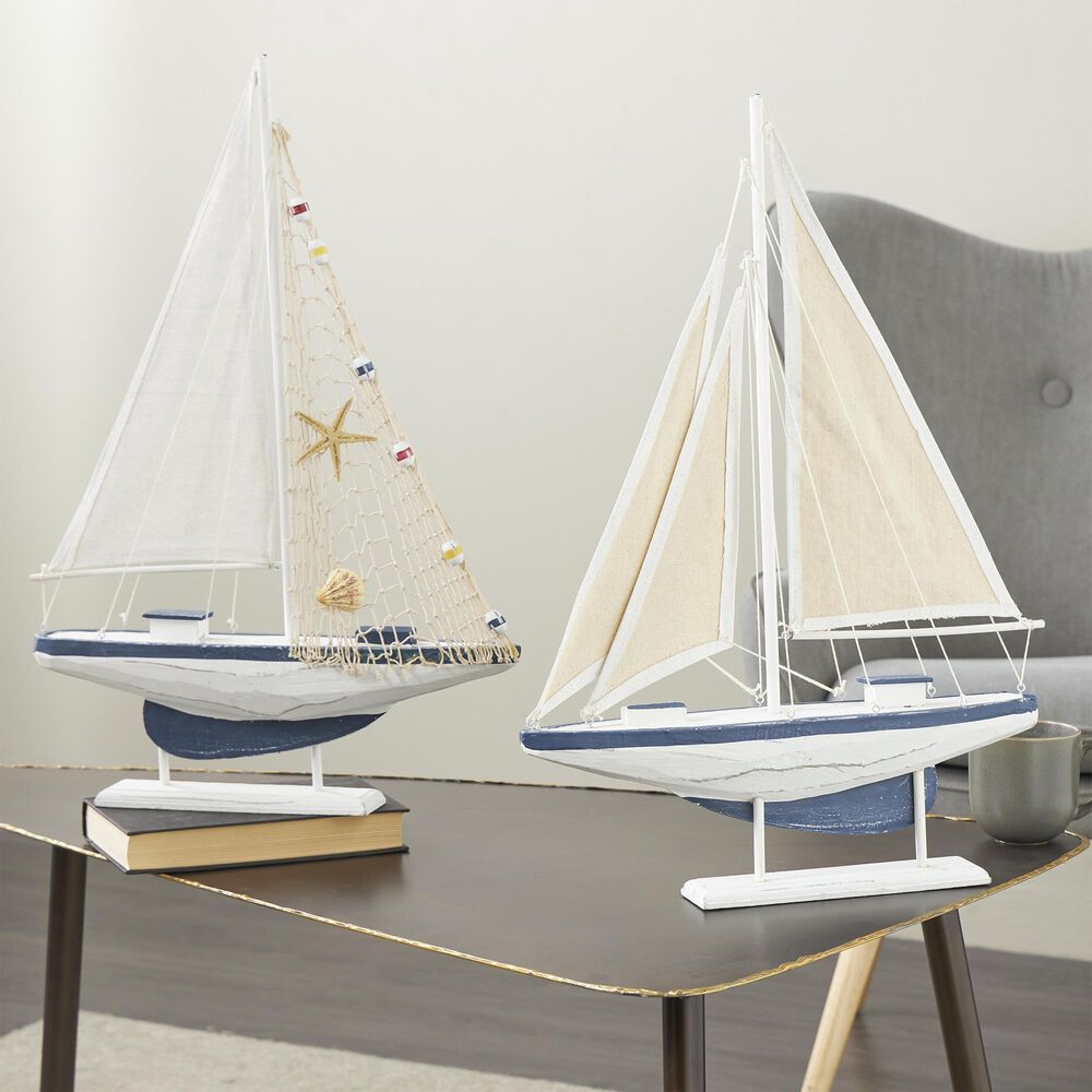 Maple and Jade Sail Boat Decorative Sculpture in Distressed White, Blue, Yellow and Red &#40;Set of 2&#41;, , large