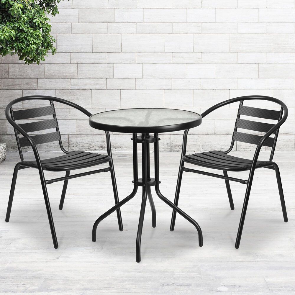 Flash Furniture 3-Piece Glass and Metal Round Table Set in Black, , large