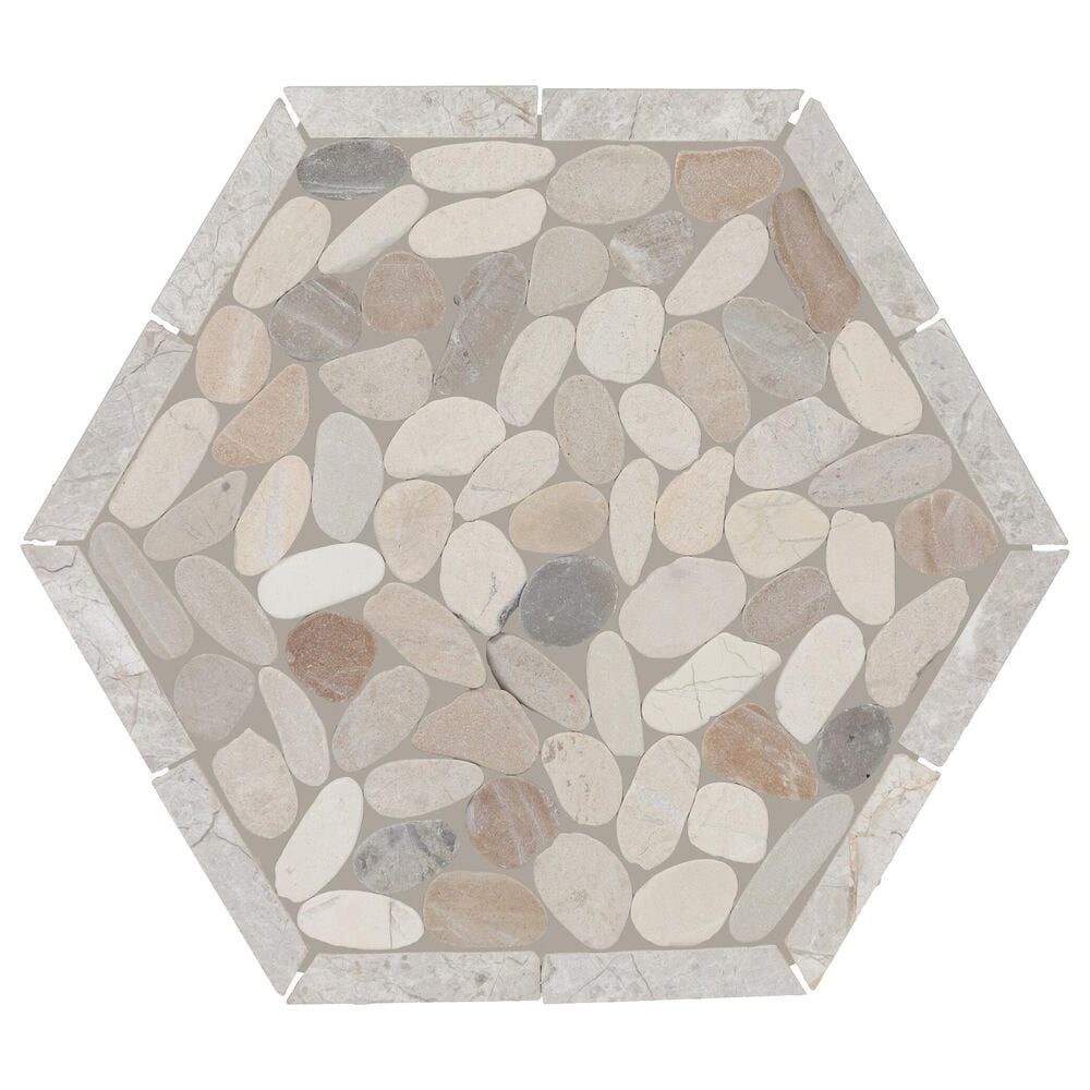 Dal-Tile Pebble Oasis Seashell 12" x 10" Framed Hexagon Natural Stone Mosaic Sheet, , large