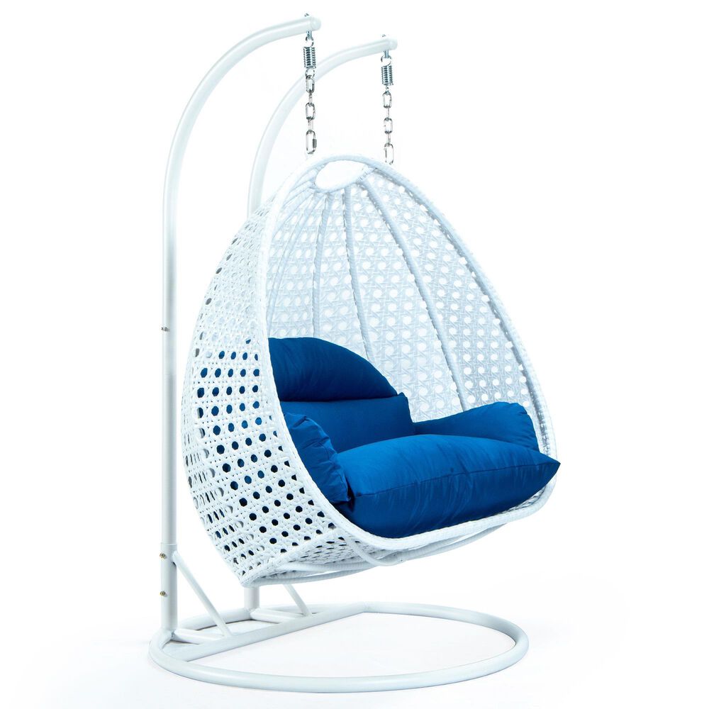 Leisuremod 2-Seat Hanging Egg Swing Chair with Blue Cushion in White, , large