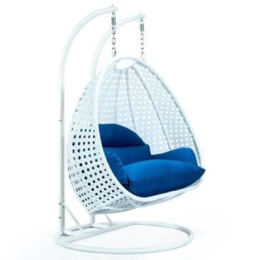 Leisuremod 2-Seat Hanging Egg Swing Chair with Blue Cushion in White, , large
