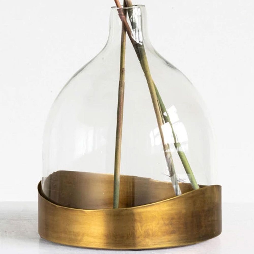Creative Coop Sophisticated Glass Cloche with Metal Tray in Clear and Antique Brass, , large